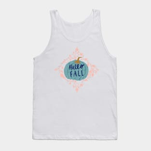 "Hello Fall" hand lettering on a big blue pumpkin with pink leaves Tank Top